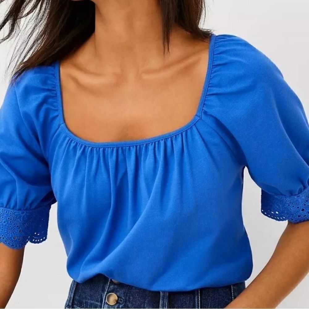 Ann Taylor Eyelet Square Neck Top Blouse Blue Size XXL